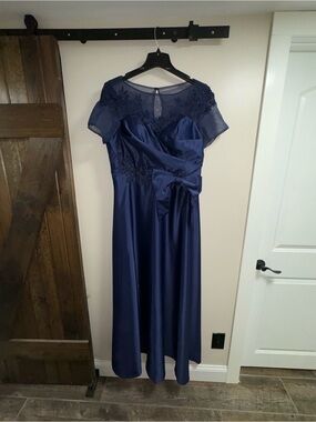 NWOT Navy Satin Maxi Dress with Lace Yoke and Waist Bow